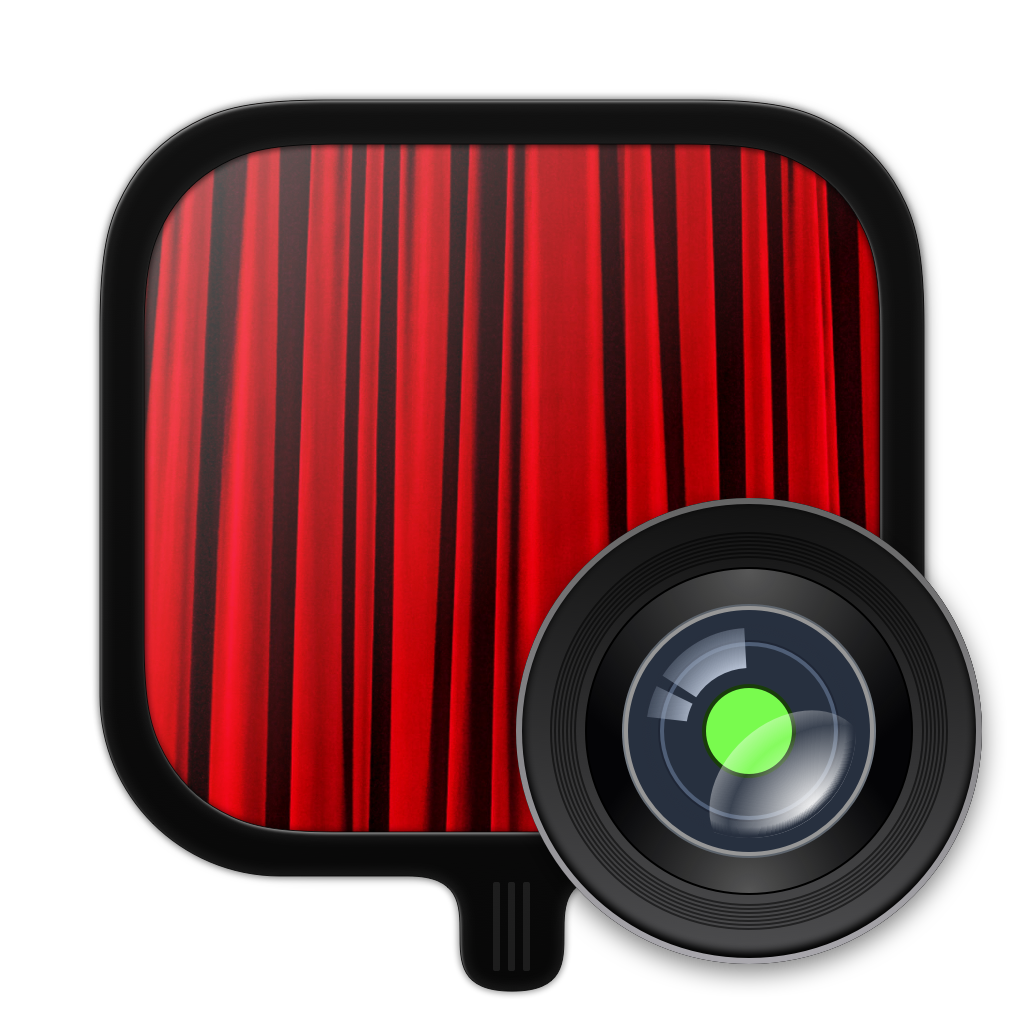 App Icon, which is made up of a iOS 6 Camera icon inspired camera lens, with the same green dot from the built-in camera in Macs, and a Hand Mirror in the shape of the macOS app icon shape that has a glass-like reflection and red curtains as a background, throwback to Photo Booth.