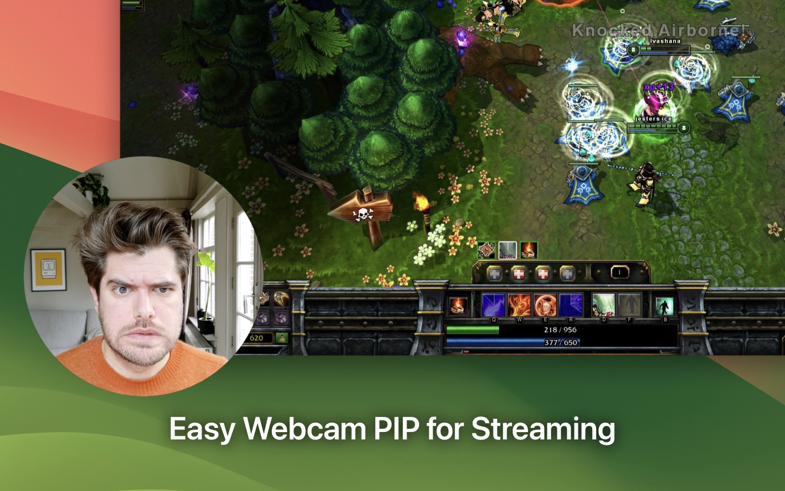 Screenshot of what appears to be a League of Legends game and a circle shaped window of the developer's face (again… it's getting old), like they're streaming I guess? You know those faces YouTubers make for their thumbnails? He is trying to do one of those I think, because he is getting old and thinks that's what streaming looks like