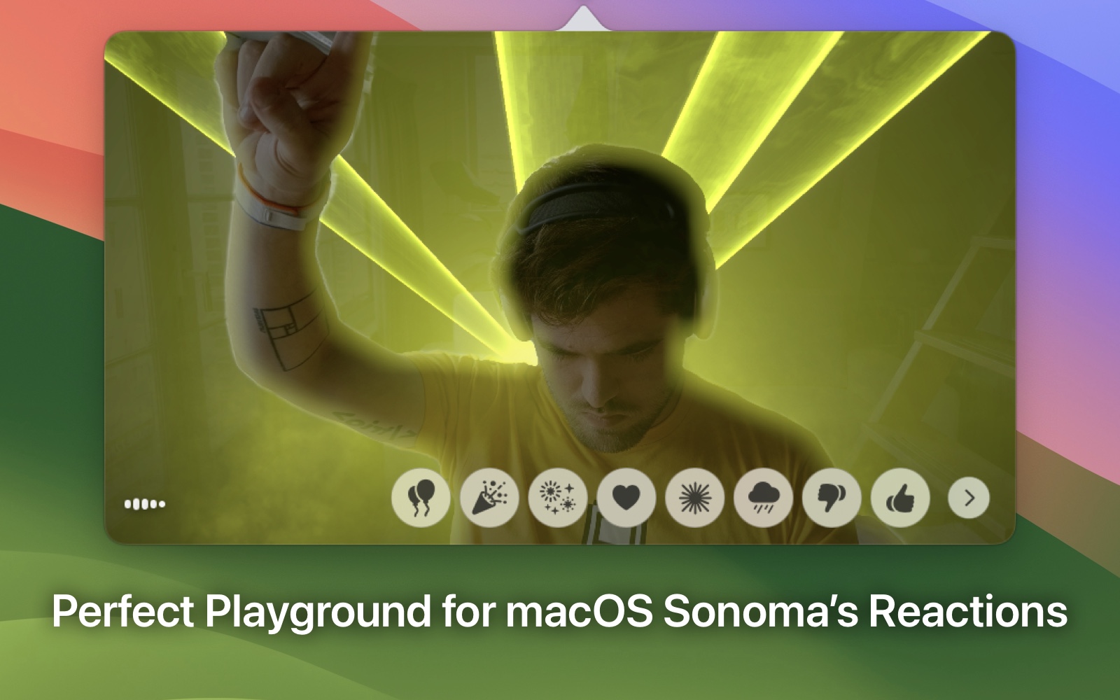 Screenshot of the Hand Mirror camera window, where Rafa is posing with the new macOS Sonoma reaction effects, this one is the lasers. Rafa thinks he looks cool, but definitely doesn't.